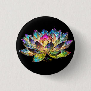 Badge Rond 2,50 Cm Vitrail Fleur de Lotus Colorée sur Fond Noir