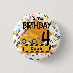 Badge Rond 2,50 Cm voiture camion de construction jaune 4e anniversai