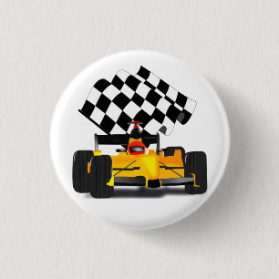Badge Rond 2,50 Cm Voiture de course jaune avec drapeau À damiers