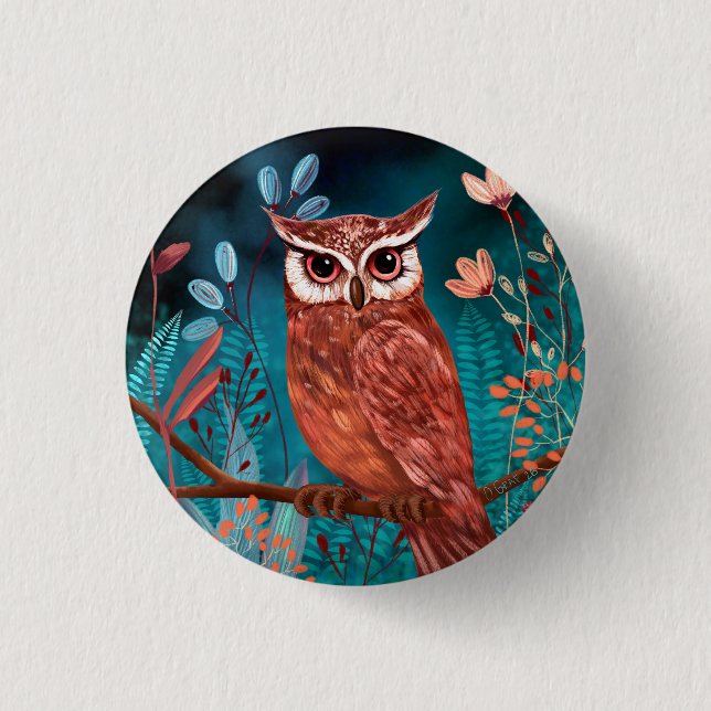 Badge Rond 2,50 Cm Vom Künstler handillustrierte Eule – Boho Natur (Devant)