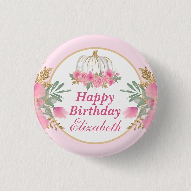 Badge Rond 2,50 Cm Watercolor Pink Pumpkin Gold Happy Birthday (Devant)