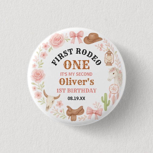 Badge Rond 2,50 Cm Western Coquette Cowgirl 1st Birthday Cute Pink (Devant)
