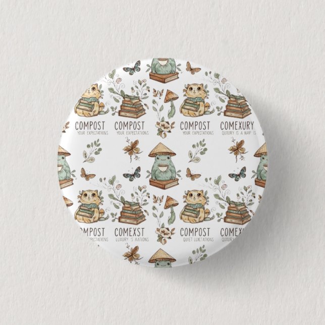 Badge Rond 2,50 Cm Whimsical "Compost Your Expectations" Frog & Cat P (Devant)