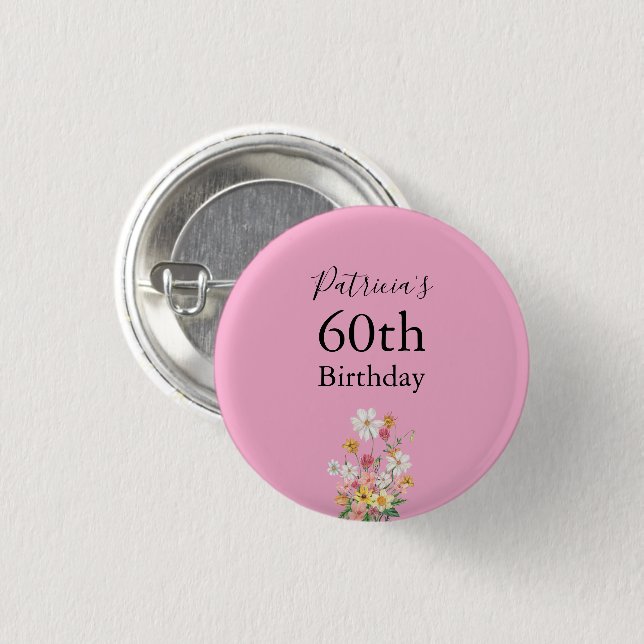 Badge Rond 2,50 Cm Wildflowers 60th Birthday Pink Party (Devant & derrière)