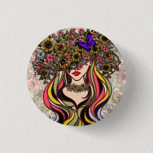 Badge Rond 2,50 Cm Woman's face, with flowers and butterflies throw p