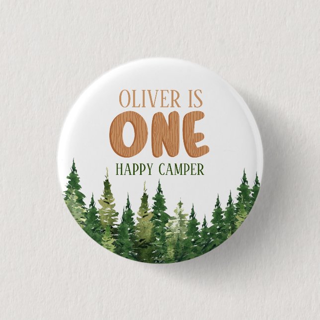 Badge Rond 2,50 Cm Woodland Green Happy Camper First Birthday (Devant)