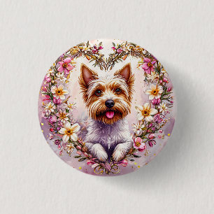 Badge Rond 2,50 Cm Yorkie adorable entouré d'une couronne florale