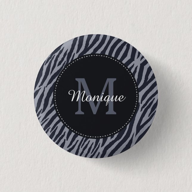 Badge Rond 2,50 Cm Zèbre gris foncé élégant Imprimer Monogramme et no (Devant)