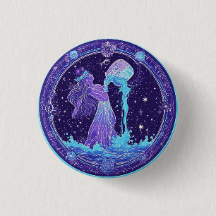 Badge Rond 2,50 Cm Zodiaque Verseau avec Étoiles et Symboles Mystique