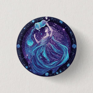 Badge Rond 2,50 Cm Zodiaque Verseau avec Étoiles et Symboles Mystique