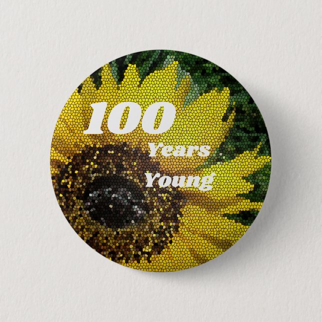 Badge Rond 5 Cm 100 Année Jeune Anniversaire Mosaïque TournesolFlo (Devant)