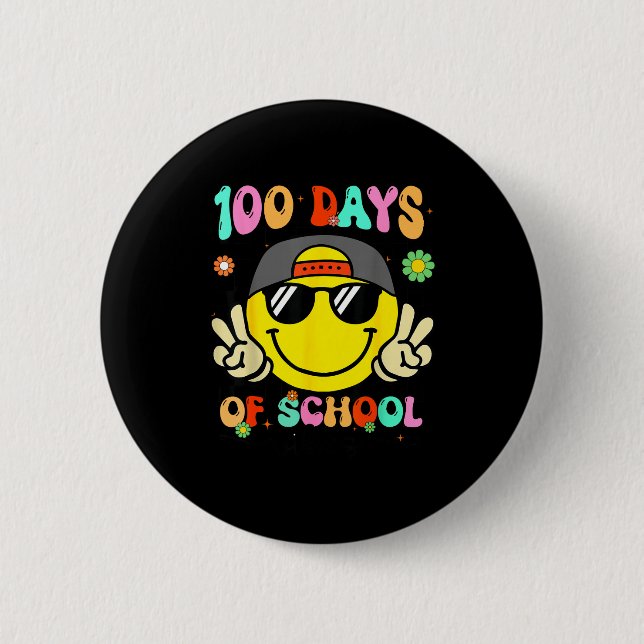 Badge Rond 5 Cm 100 Days Of School 100th Day Smile Groovy Face Tea (Devant)