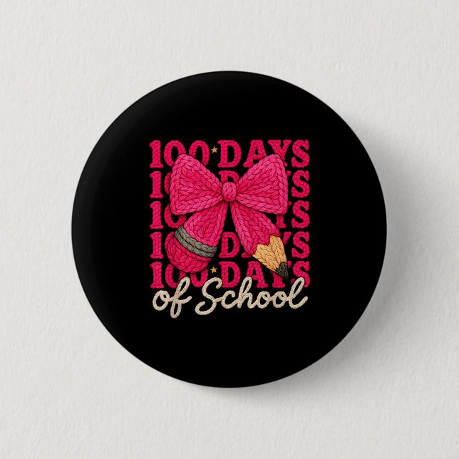 Badge Rond 5 Cm 100 Days Of School Crochet Bow Pencil 100th Day Of (Devant)
