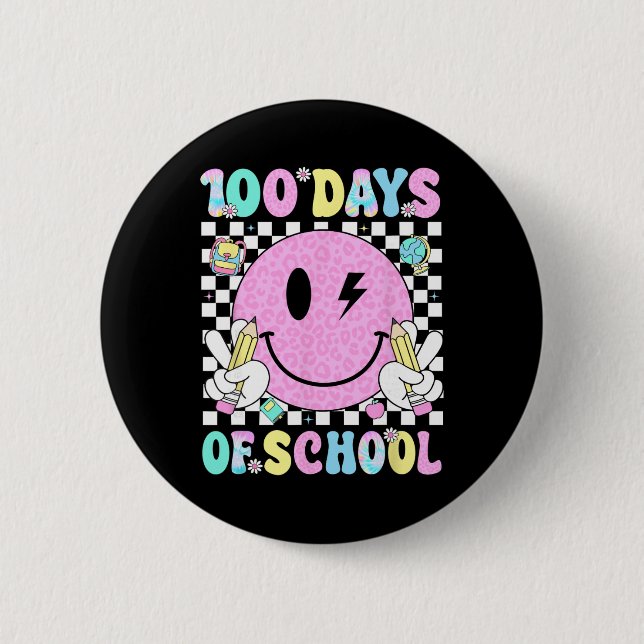 Badge Rond 5 Cm 100 Jours D'école Visage Souriant Rétro Enseignant (Devant)