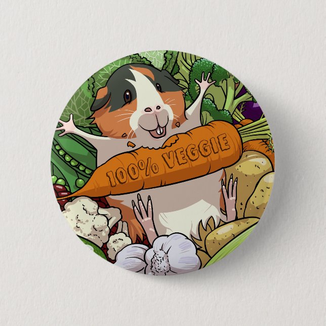 Badge Rond 5 Cm 100% Veggie Joyeux Cochon De Guinée Avec Carotte (Devant)