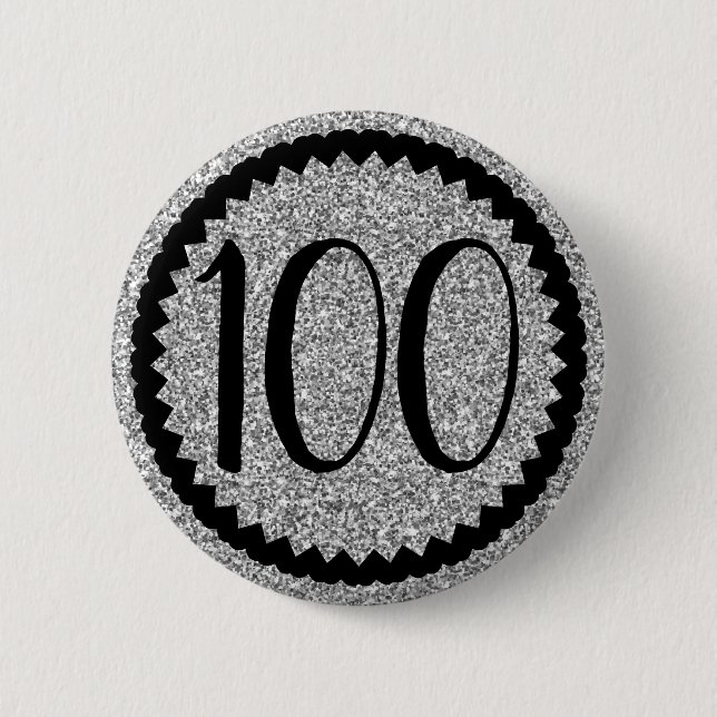 Badge Rond 5 Cm 100e anniversaire Parties scintillant d'argent (Devant)