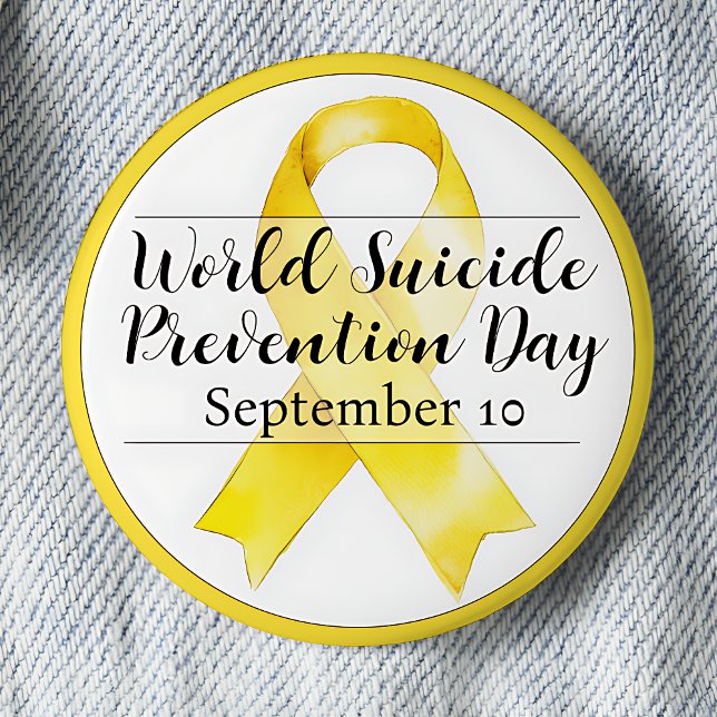 Badge Rond 5 Cm 10 septembre Journée mondiale de prévention du sui (World Suicide Prevention Day is September 10 pinback button.  Yellow awareness ribbon.)
