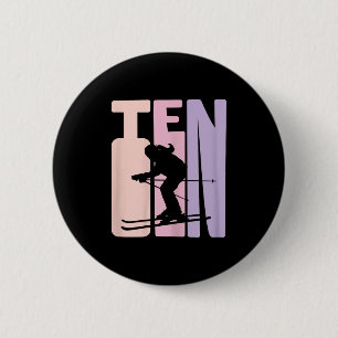 Badge Rond 5 Cm 10e anniversaire Girl Retro Ski Lover Skier 10 ans