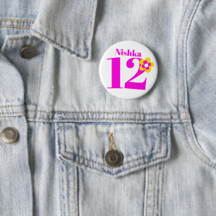 Badge Rond 5 Cm 12e anniversaire filles bouton rose/badge
