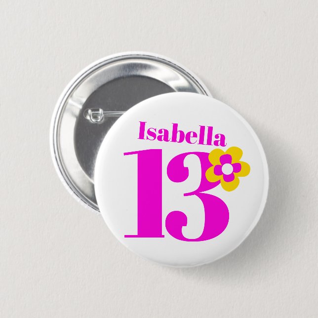 Badge Rond 5 Cm 13e anniversaire filles bouton rose/badge (Devant & derrière)