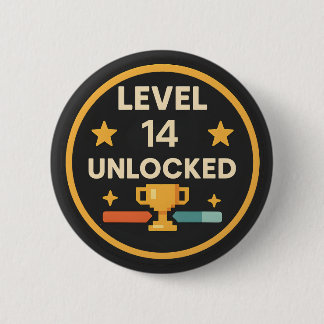 Badge Rond 5 Cm 14th birthday gamer funny level unlocked pun