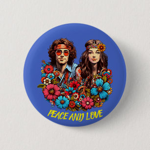 Badge Rond 5 Cm 1960 Hippie Couple enfant à fleurs Peace & Love ar