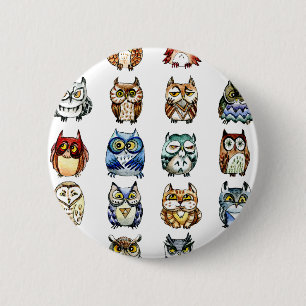 Badge Rond 5 Cm 19 hiboux et 1Cat