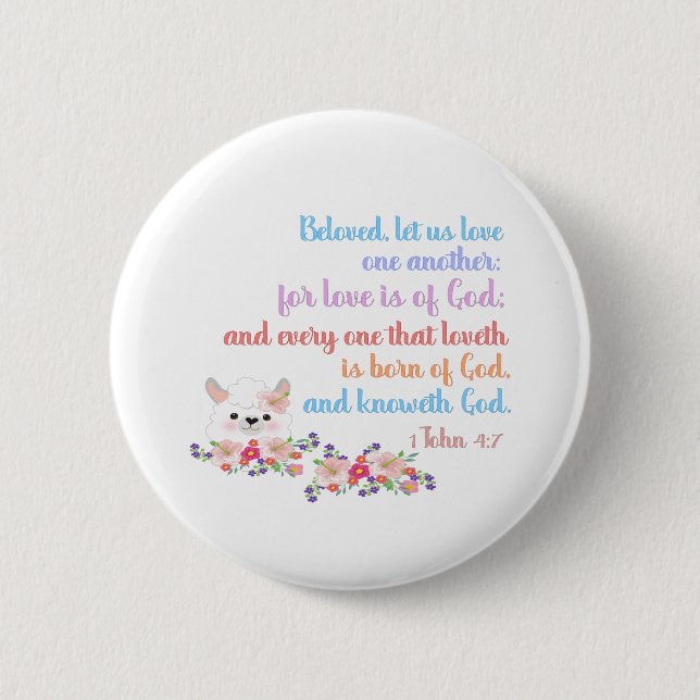 Badge Rond 5 Cm 1 Jean 4:7 Verset biblique Texte arc-en-ciel (Devant)