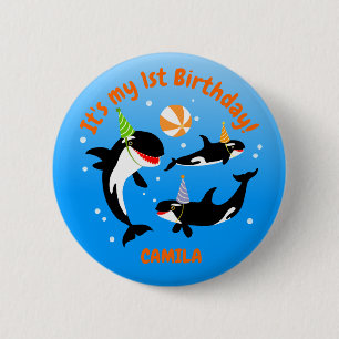 Badge Rond 5 Cm 1er anniversaire sous la mer orca baleine fille