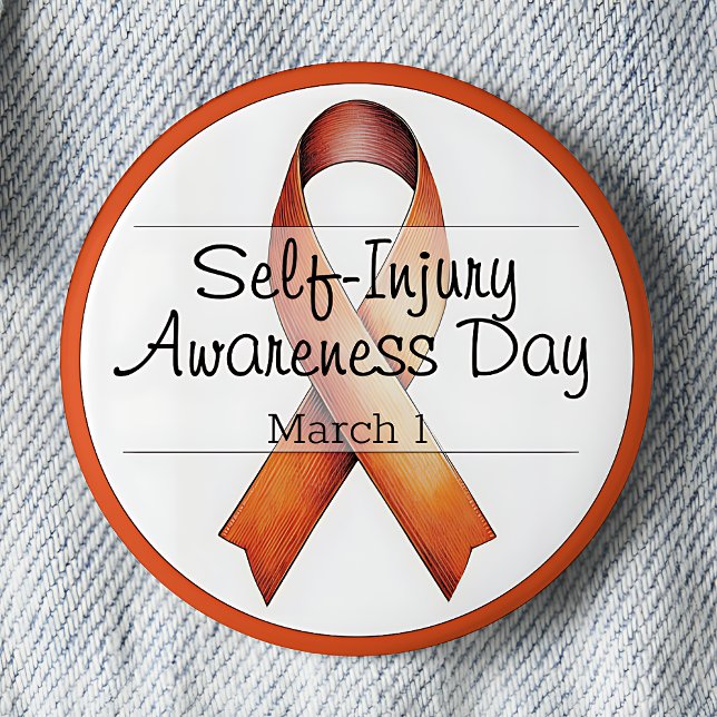 Badge Rond 5 Cm 1er mars Journée de sensibilisation à l'automutila (Self-Injury Awareness Day.  March 1. Orange Awareness Ribbon. Pinback button.)