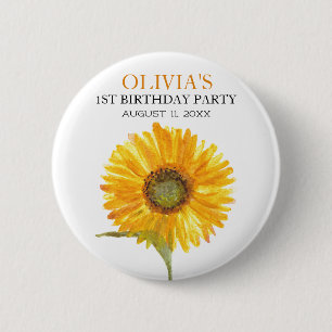 Badge Rond 5 Cm 1ère fête d'anniversaire Sunflower Baby Girl