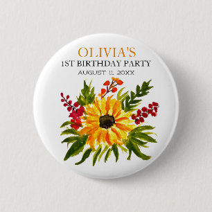 Badge Rond 5 Cm 1ère fête d'anniversaire Sunflower Baby Girl
