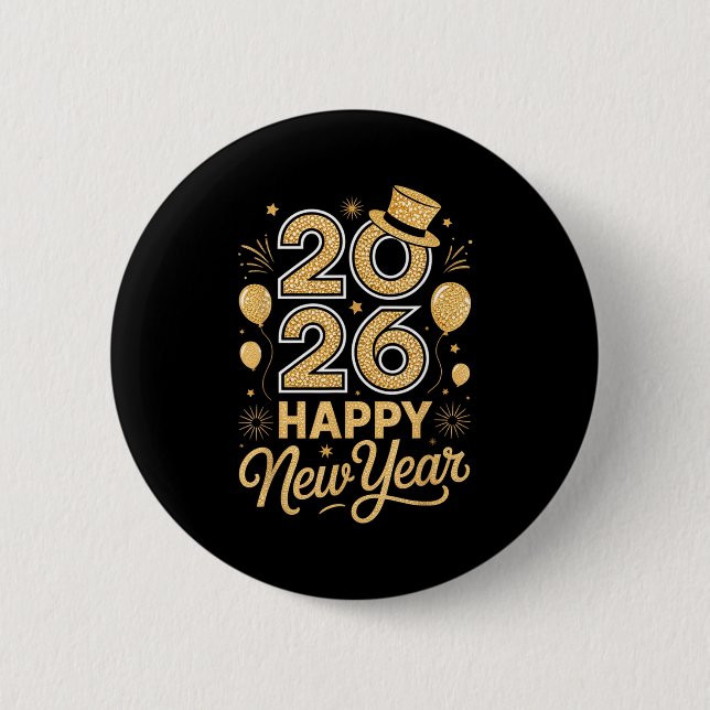 Badge Rond 5 Cm 2026 Happy New Year Festive Top Hat Balloon Firewo (Devant)