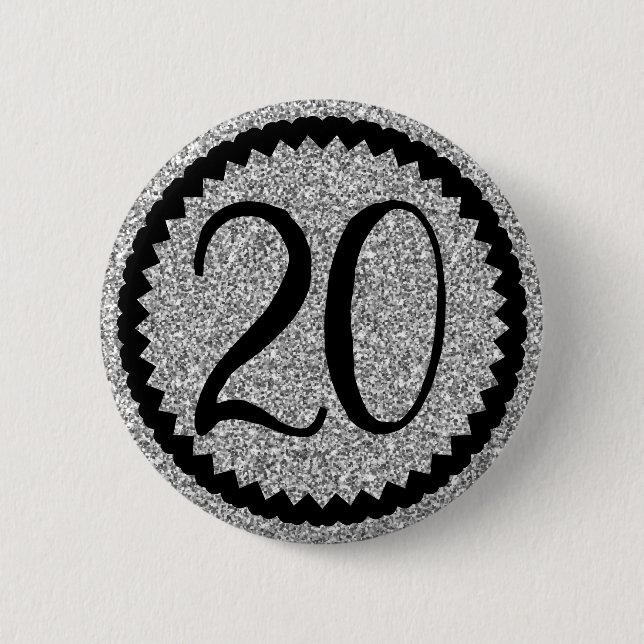 Badge Rond 5 Cm 20e anniversaire Parties scintillant d'argent Clas (Devant)