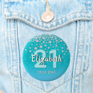 Badge Rond 5 Cm 21e anniversaire diamants parties scintillant bleu