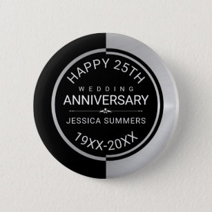 Badge Rond 5 Cm 25e anniversaire du Mariage Géométrique Noir & Arg