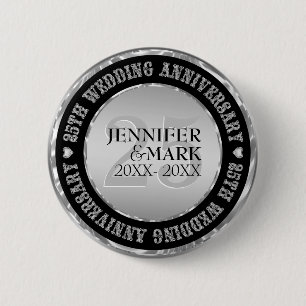Badge Rond 5 Cm 25e anniversaire Mariage argent métallique et noir