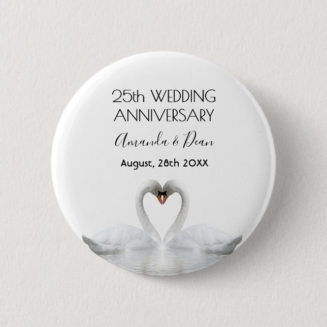 Badge Rond 5 Cm 25e anniversaire mariage d'argent cygnes blancs am (Devant)