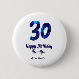 Badge Rond 5 Cm 30e anniversaire ajouter nom date année bleu scint