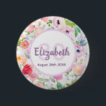 Badge Rond 5 Cm 30e anniversaire fleurs roses nom élégant<br><div class="desc">Un élégant aimant à thème d'été et de jardin intemporel dans un style bohème romantique, boho pour un 30ème anniversaire avec pastels doux et fleurs aquarellées en rose et pêche et feuilles verts. Un arrière - plan blanc clair. Modèle pour le nom, l'âge et la date. Le nom est écrit...</div>