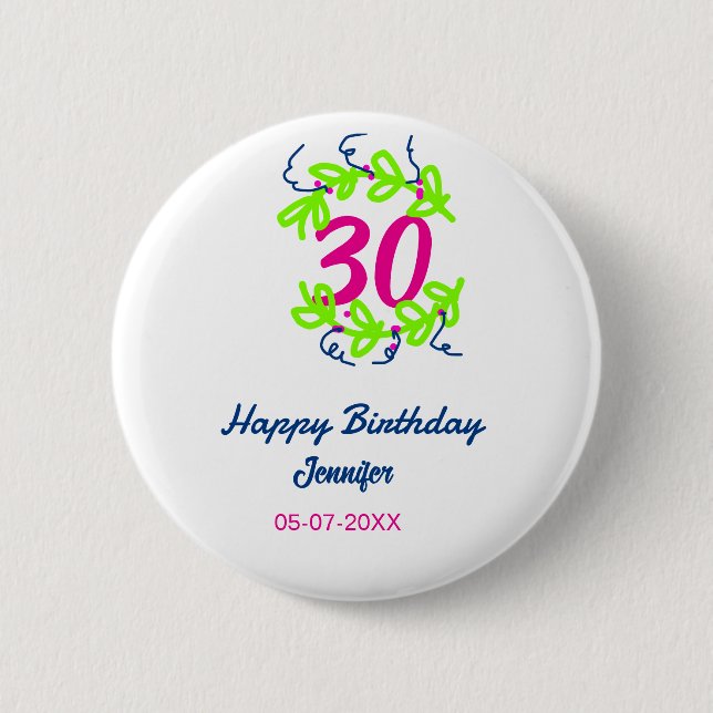 Badge Rond 5 Cm 30e anniversaire vert bleu couronne nom date rusti (Devant)