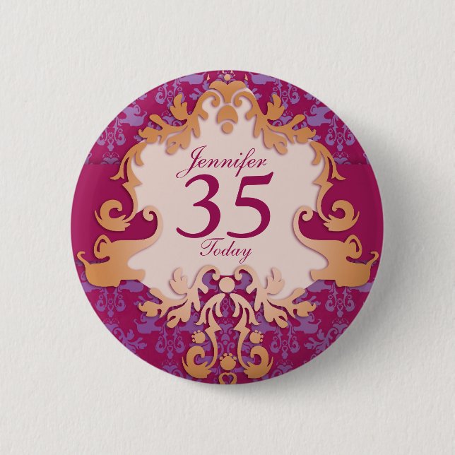 Badge Rond 5 Cm "35 Aujourd'hui" nom d'âge damask éléphant bouton/ (Devant)