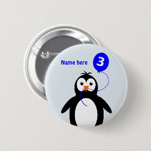 Badge Rond 5 Cm 3e anniversaire pingouin ajouter nom bleu