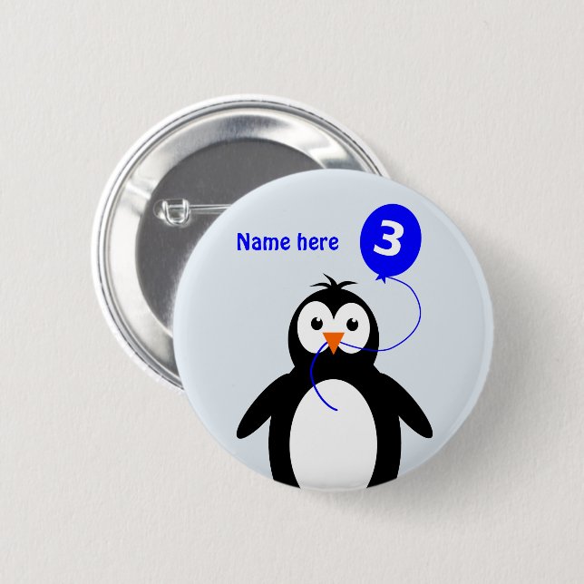 Badge Rond 5 Cm 3e anniversaire pingouin ajouter nom bleu (Devant & derrière)