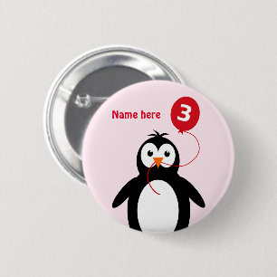 Badge Rond 5 Cm 3e anniversaire pingouin ajouter nom rose