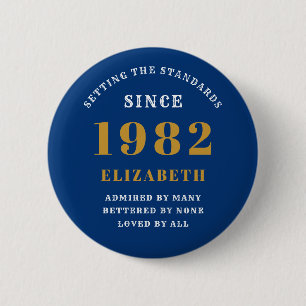 Badge Rond 5 Cm 40e anniversaire 1982 Elégant or bleu chic