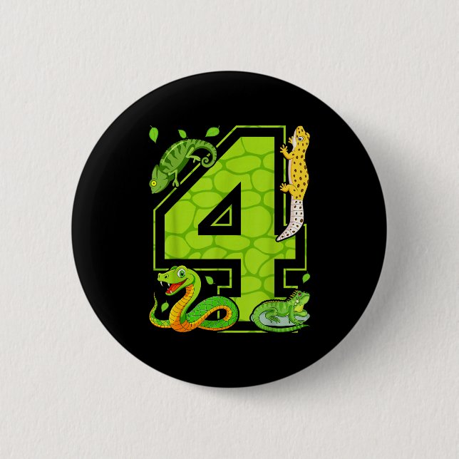 Badge Rond 5 Cm 4th Birthday Snake Lizard Reptile 4 Year Old Party (Devant)