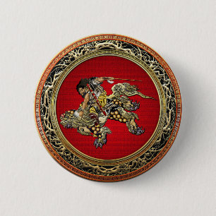 Badge Rond 5 Cm [500] Hokusai - Shoki Riding Shishi Lion