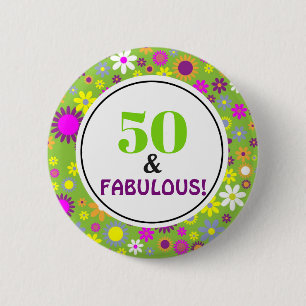 Badge Rond 5 Cm 50 et floral vert vintage d'anniversaire fabuleux