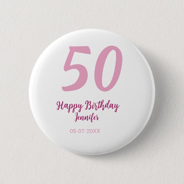Badge Rond 5 Cm 50e anniversaire ajouter nom date année rose rouge (Devant)